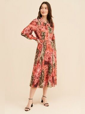 Rachel Parcell Patchwork Pleated Rust Floral Tie-Neck Midi Dress